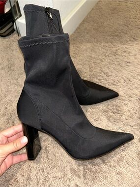 Zara Black Pointed Sock Boots with Gloss Block Heel